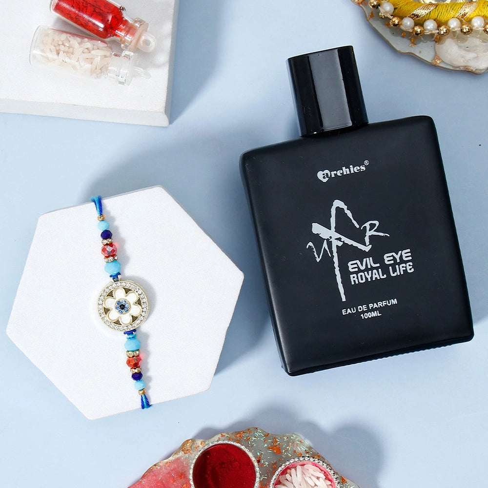 Crystal Flower Evil Eye Rakhi Gift Set for Brother with UXR Royal Life Perfume