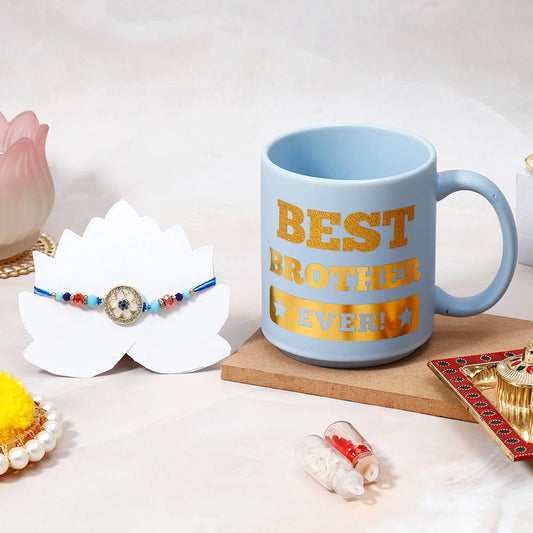 Blue Rhinestone Rakhi Gift Set for Brother with Best Brother Ever Mug