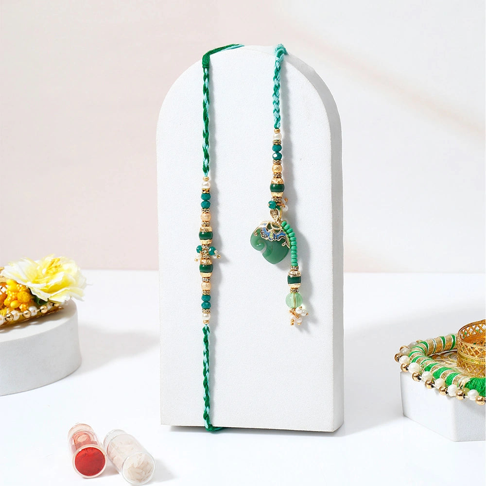 Green Elephant Bhaiya Bhabhi Rakhi Set