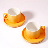 Yellow Ribbed Ceramic Mug with Saucer