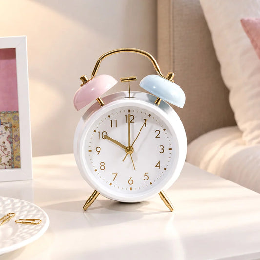 White Twin Bell Alarm Clock with Pastel Pink & Blue Bells