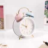 White Twin Bell Alarm Clock with Pastel Pink & Blue Bells