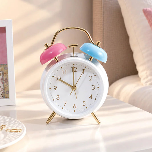 White Twin Bell Alarm Clock with Pink & Blue Bells