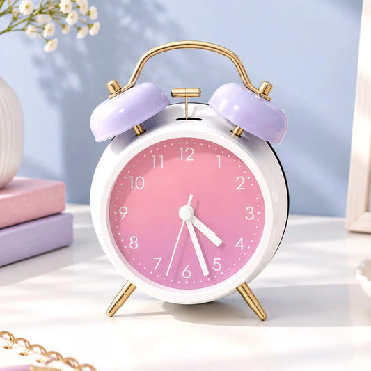 White Twin Bell Alarm Clock with Lilac Bells & Pink Gradient Dial