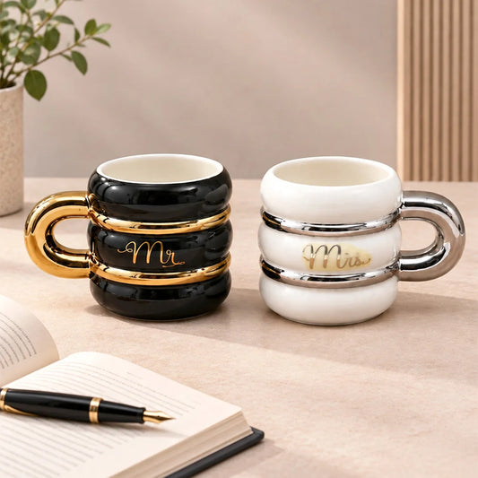 Set of 2 Mr & Mrs Stacked Ring Ceramic Mugs