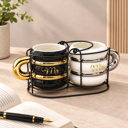 Set of 2 Mr & Mrs Stacked Ring Ceramic Mugs
