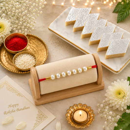 Pearl And Stone Rakhi With Kaju Katli