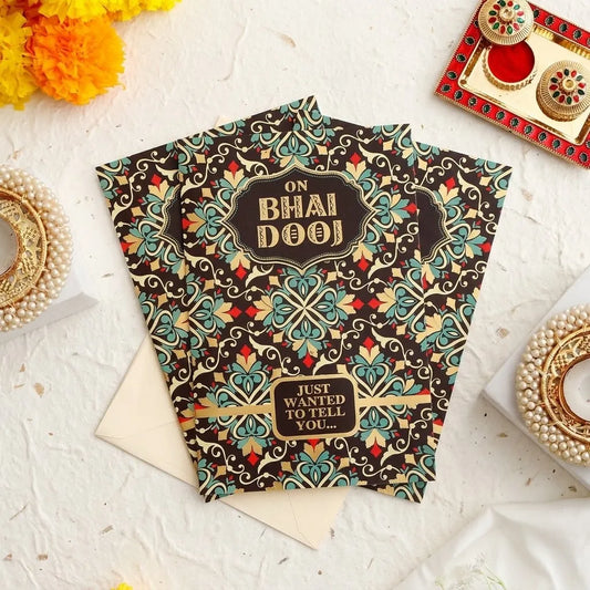 Pack of 3 Ornate Black & Gold 'On Bhai Dooj' Greeting Cards