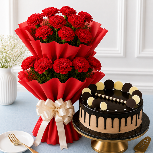 20 Red Carnations With Chocolate Cake