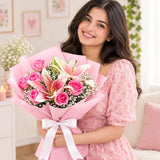 Pink Oriental Lily & Aqua-Pink Roses Bouquet in Pink Frosted Wrap