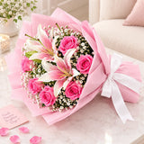 Pink Oriental Lily & Aqua-Pink Roses Bouquet in Pink Frosted Wrap