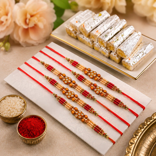 Designer Bead Rakhi Set Of 5 With Kaju Roll