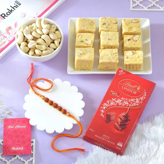 Adorned Rakhi Hamper with Lindt Milk Chocolate, Soan Papdi & Cashew Nut