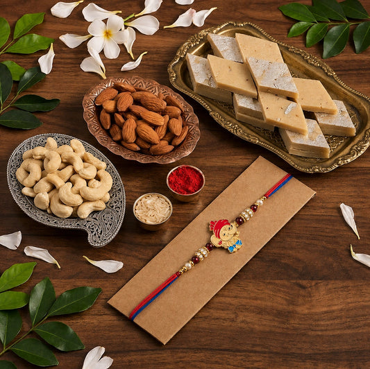 Designer Rakhi With Kaju Katli And Dry Fruits Hamper