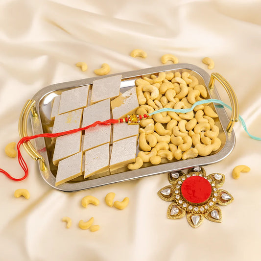 Kundan Rakhi and Kaju Katli and Cashews Platter