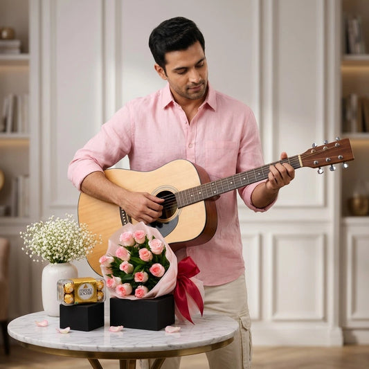 12 Pink Roses & Ferrero Rocher Chocolate Bouquet with Guitarist