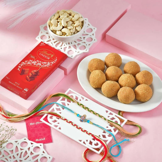 Premium Set Of 3 Bhai Rakhi Hamper with Besan Laddoo, Cashew & Lindt Lindor Milk Chocolate