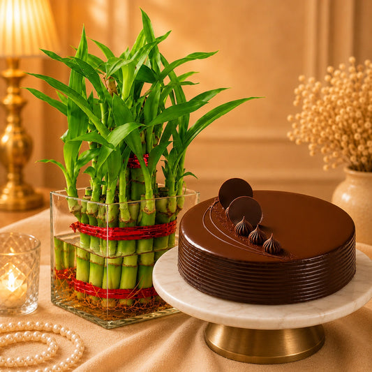 Lucky Bamboo Plant, Chocolate Truffle Cake & Vase