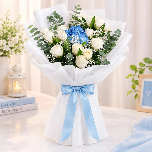 12 White Roses & 4 Blue Spray Carnations Bouquet with Eucalyptus