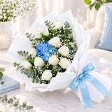 12 White Roses & 4 Blue Spray Carnations Bouquet with Eucalyptus
