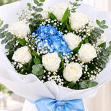 12 White Roses & 4 Blue Spray Carnations Bouquet with Eucalyptus