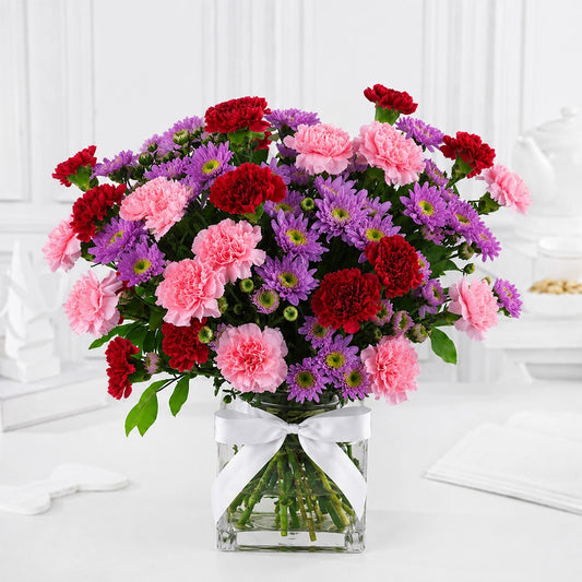 Purple Daisy & Mixed Carnation Glass Jar Arrangement - Birthday & Teacher's Day Gift