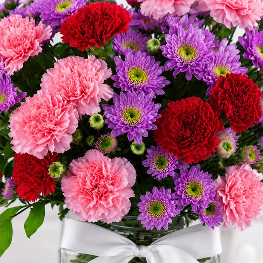 Purple Daisy & Mixed Carnation Glass Jar Arrangement - Birthday & Teacher's Day Gift