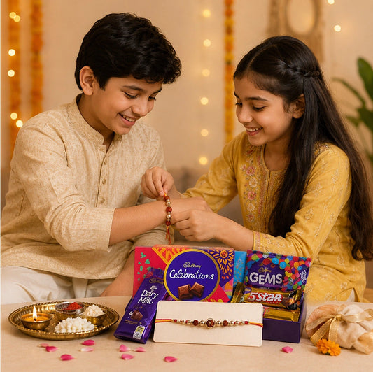 Rudraksha Rakhi with Cadbury Celebrations Chocolate | Spiritual Rakhi Combo