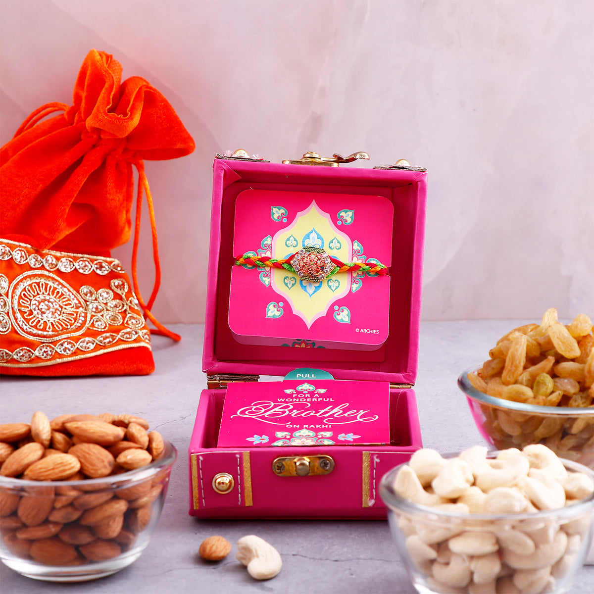 Magenta Rakhi Trunk Box with Dry Fruits Gift Set Gift Set