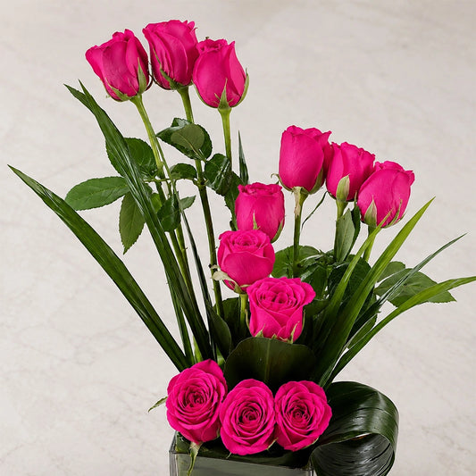 12 Dark Pink Roses Square Glass Vase Arrangement - Anniversary & Birthday Gift