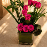 12 Dark Pink Roses Square Glass Vase Arrangement - Anniversary & Birthday Gift