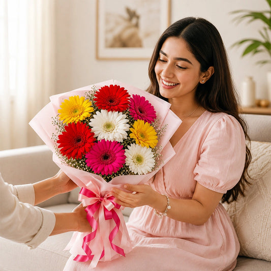 8 Rainbow Gerbera Mixed Bouquet - Colourful Birthday & Friendship Day Gift