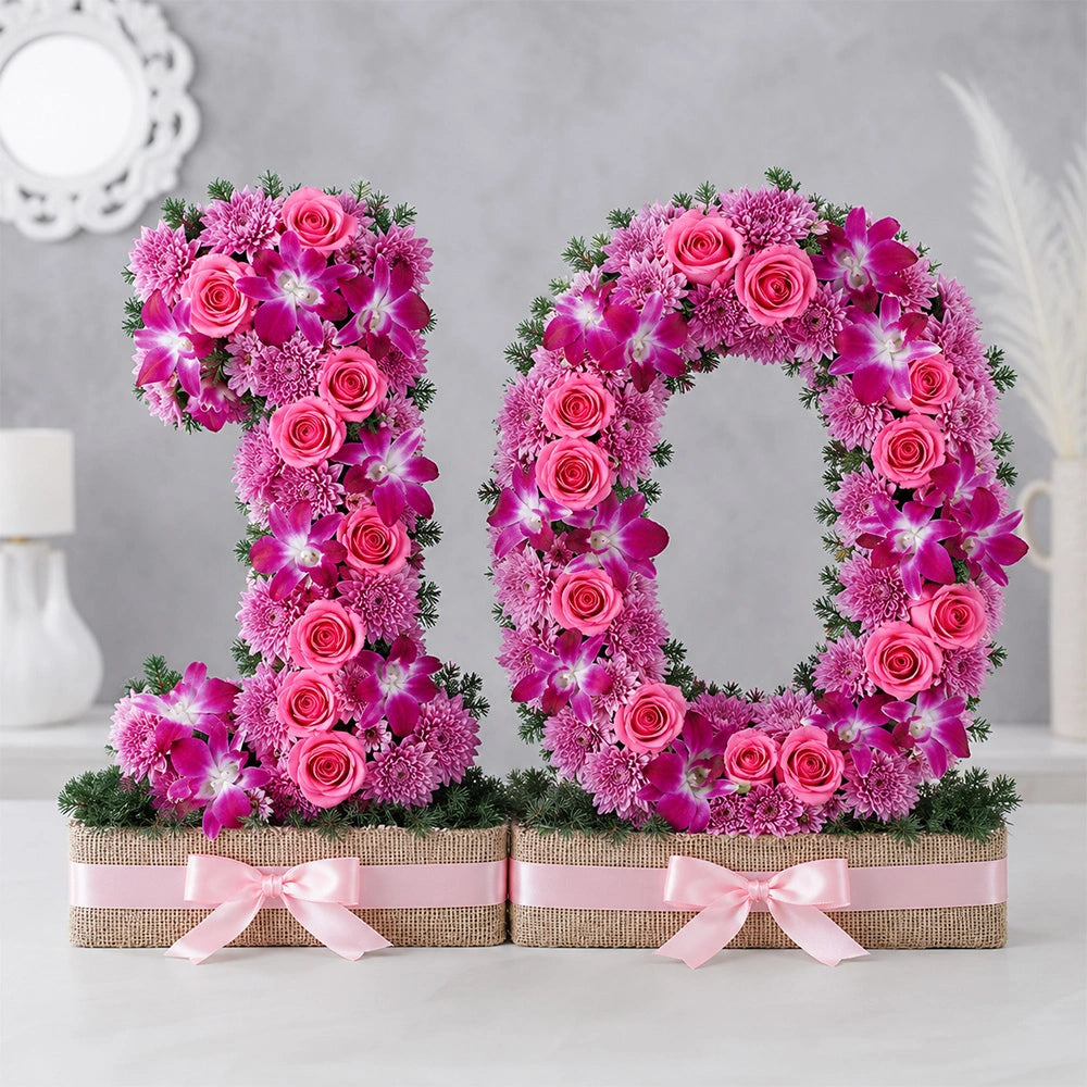 26 Pink Roses, Purple Daisy & Orchid Jute Bouquet - Luxury Anniversary Gift