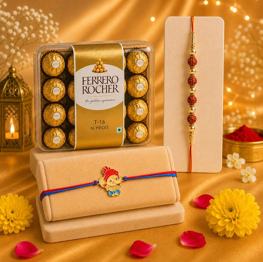 Ganesha & Rudraksha Rakhi with Ferrero Rocher Chocolates | Premium Rakhi Gift