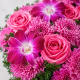26 Pink Roses, Purple Daisy & Orchid Jute Bouquet - Luxury Anniversary Gift