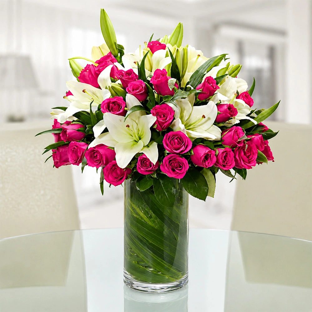 50 Pink Roses & 6 White Lilies Premium Glass Vase - Grand Anniversary Gift