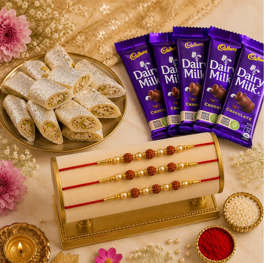 Set of 3 Rudraksha Rakhi with Kaju Roll & Dairy Milk Chocolates | Rakhi Combo Pack