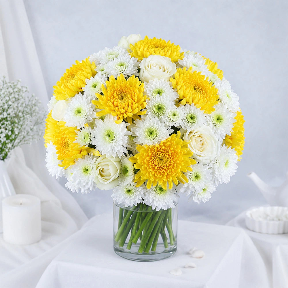 Yellow Chrysanthemum, White Daisy & White Rose Cylindrical Glass Jar