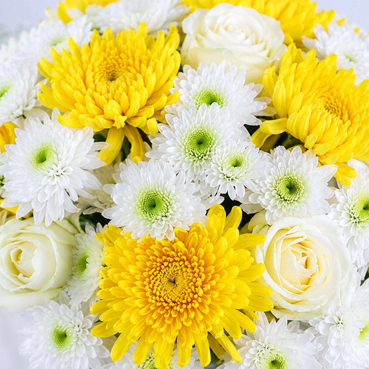 Yellow Chrysanthemum, White Daisy & White Rose Cylindrical Glass Jar - Birthday Gift