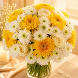 Yellow Chrysanthemum, White Daisy & White Rose Cylindrical Glass Jar