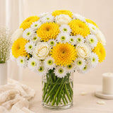 Yellow Chrysanthemum, White Daisy & White Rose Cylindrical Glass Jar
