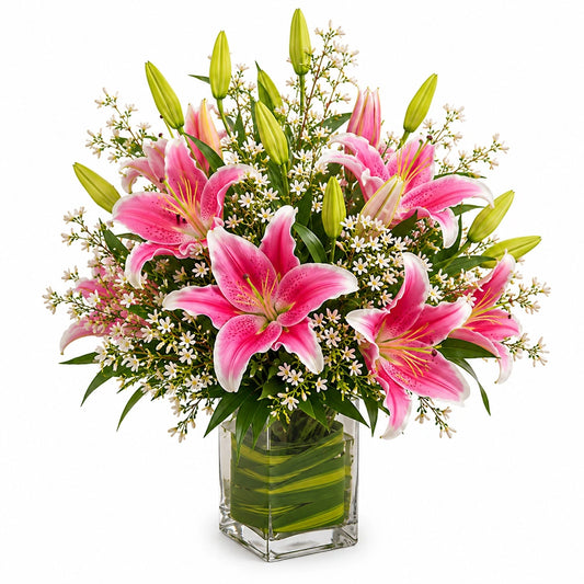 6 Pink Oriental Lilies Square Glass Vase - Fresh Anniversary & Mother's Day Gift