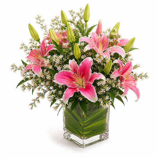 6 Pink Oriental Lilies Square Glass Vase - Fresh Anniversary & Mother's Day Gift