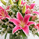6 Pink Oriental Lilies Square Glass Vase - Fresh Anniversary & Mother's Day Gift