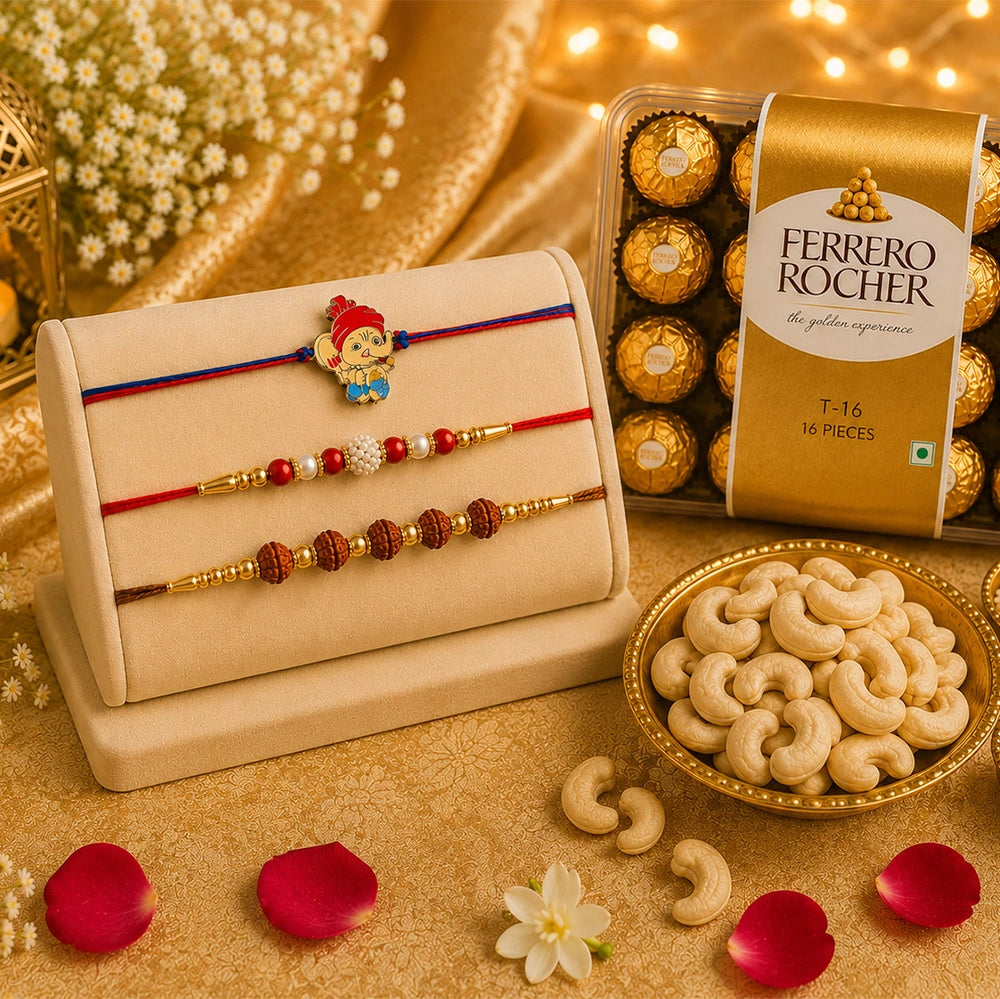 3-in-1 Pearl, Rudraksha & Ganesha Rakhi with Ferrero Rocher & Cashews | Luxury Rakhi Hamper