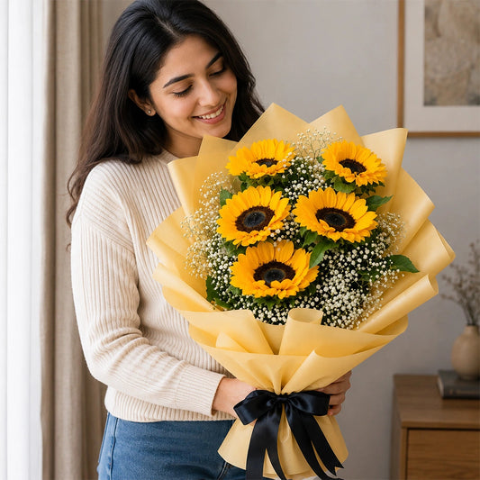 5 Sunflowers Rustic Yellow Paper Bouquet - Fresh Birthday & Friendship Day Gift