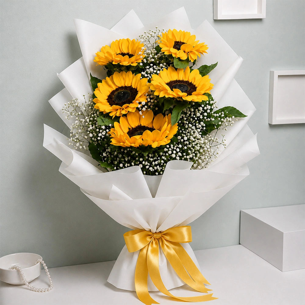5 Sunflowers White Paper Bouquet