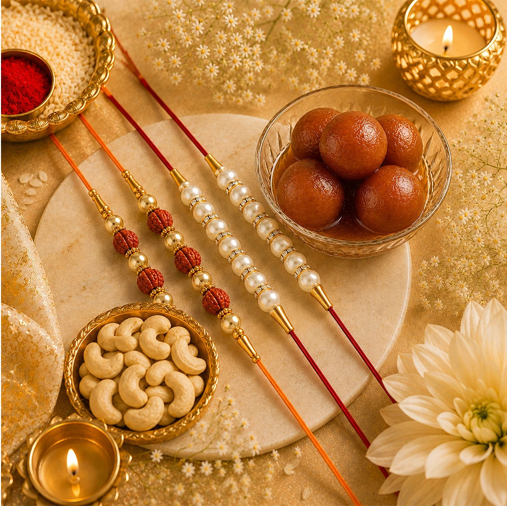 Pearl & Rudraksha Rakhi Family Pack with Gulabjamun & Cashews | Rakhi Hamper