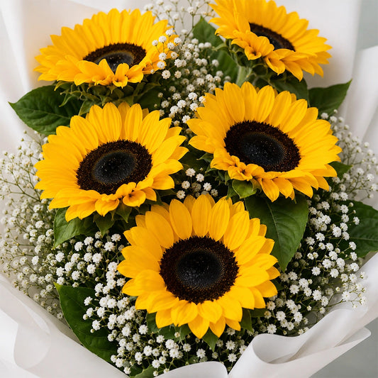 5 Sunflowers White Paper Bouquet - Cheerful Housewarming & Birthday Gift