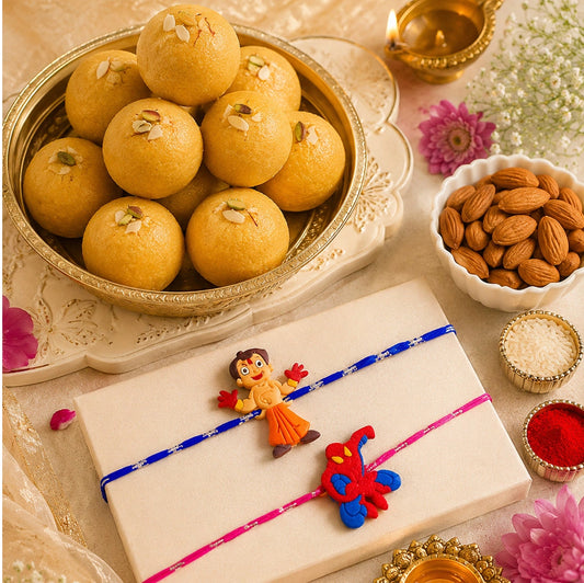 Chota Bheem & Spiderman Kids Rakhi with Besan Laddoo & Almonds | Fun Rakhi Gift